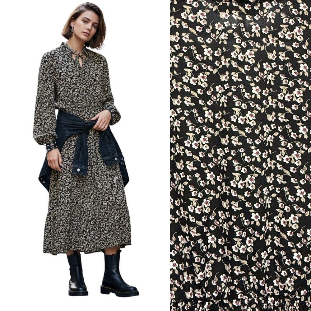 Liumilac Ditsy Floral Midi Dress Prairie Peasant Boho Dark Romantic Black Size X